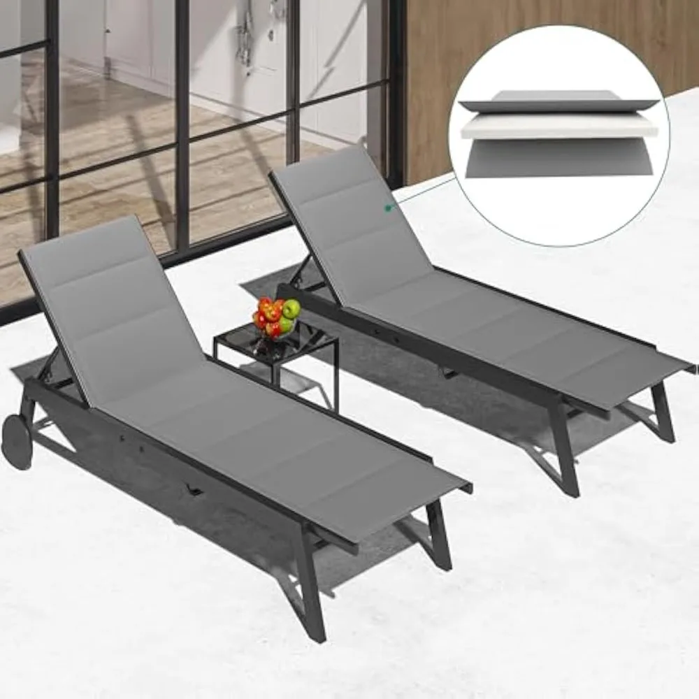 

Outdoor Chaise Lounge Chairs Set of 3, Pool Loungers with Side Table, 5-Position Adjustable Backrest,Padded Fabric, and Wheels