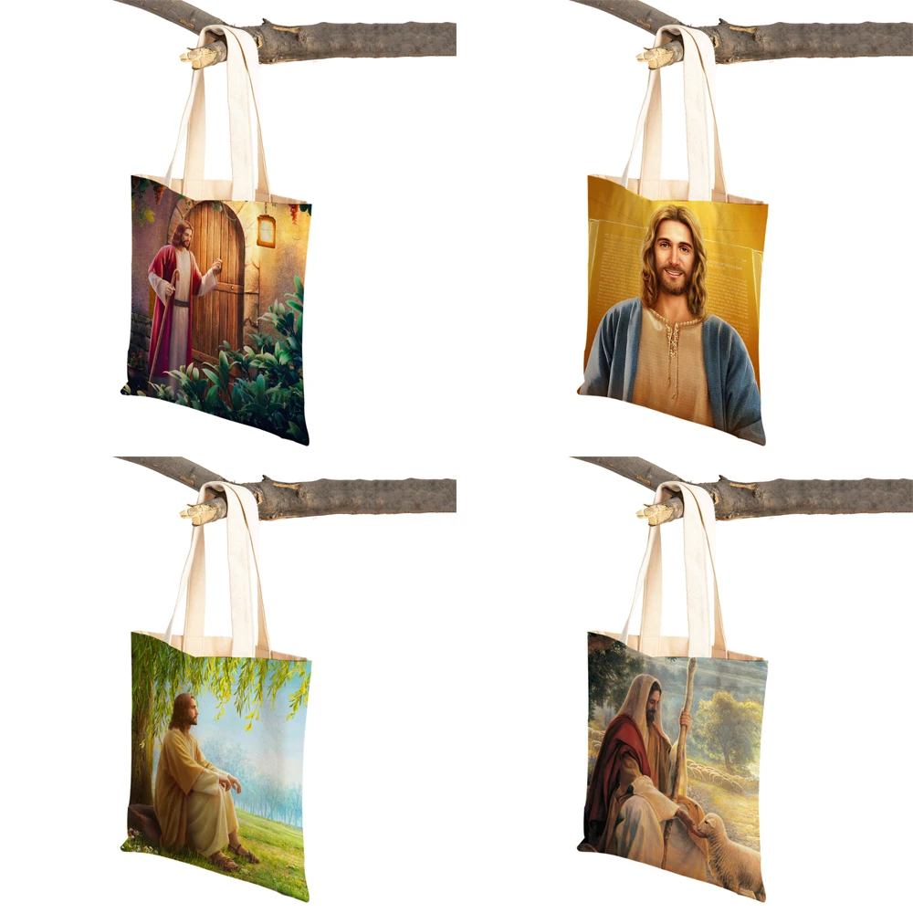 Vintage Jesus Print Lady Student Tote Handbag Cartoon Christ Savior Reusable Foldable Casual Canvas Shopping Bag