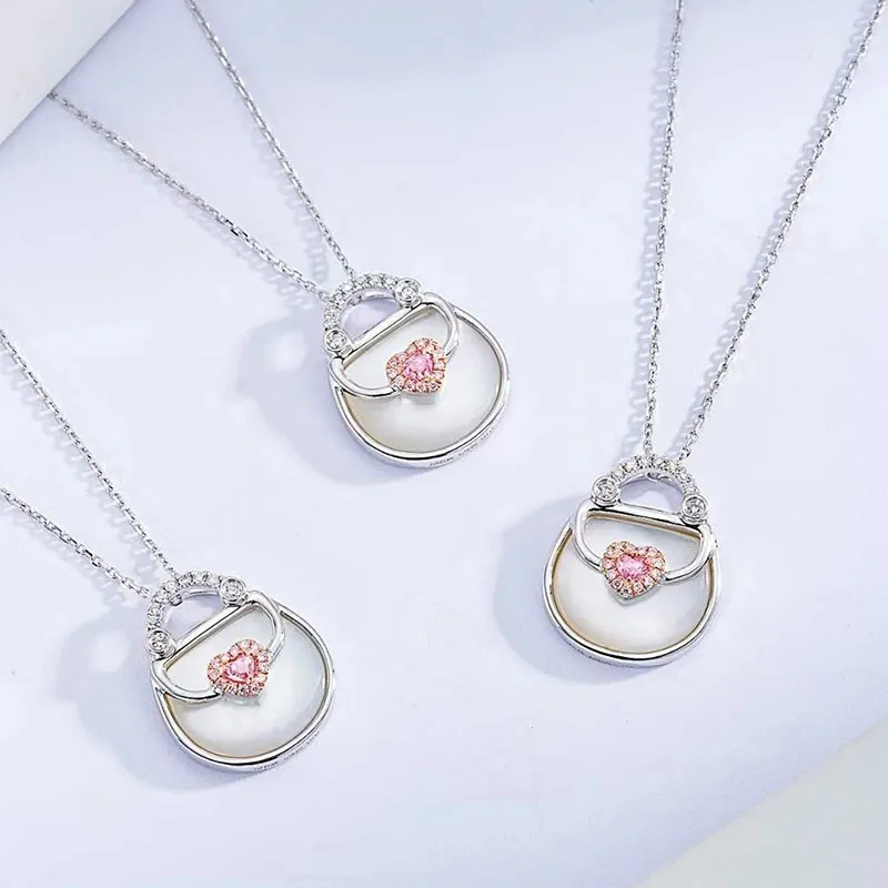 

Exquisite Cute Heart Bag Design Pendant Inlaid White Fritillaria Silver Color Fashion Necklaces For Women Valentine's Day Gifts