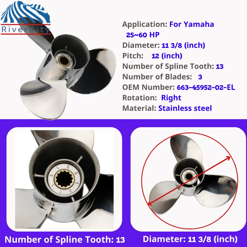 Boat Propeller For Yamaha 25hp 30hp 40hp 48hp 50hp 55hp Outboard Screw 11 3/8x12 Boat Motor Stainless Steel Propeller 3 Blade 13