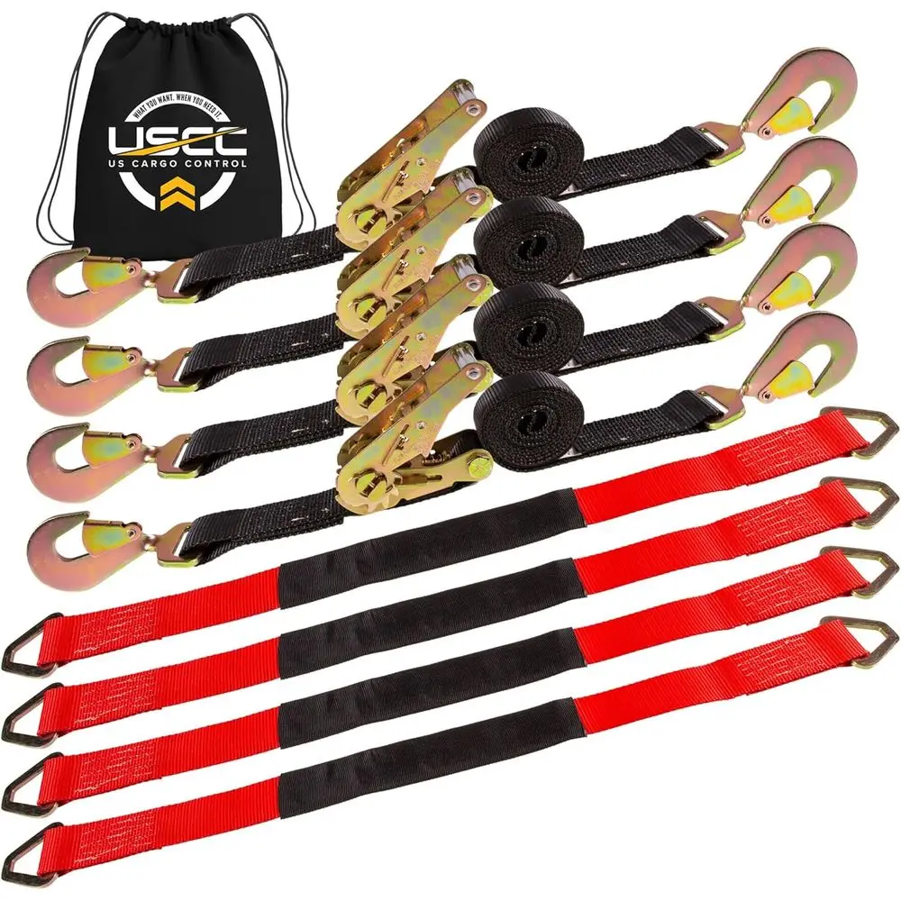 

Car Tie Down Straps or Trailers - (4) 2 Inch ed Snap Hook Tiedowns, (4) Axle Straps, (1) Dstring Bag - 10,000 LBS Break Strength