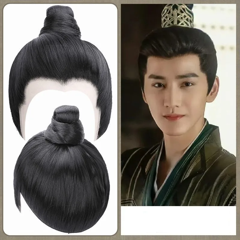 Black Men's Whole Head Cover Hair Chinese Ancient Dynasty Warrior Swordsman Cosplay Headwear Hanfu TV Movie Play