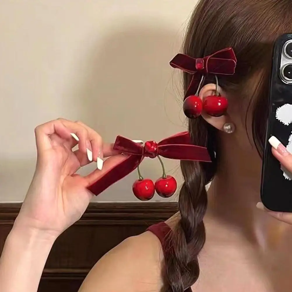 Samt Schleife Rote Kirsche Haarnadeln Haarspangen Mädchen Fliegen Haarschleifen Ornament Vielseitig Süße Pastorale Haarspange Haarschmuck