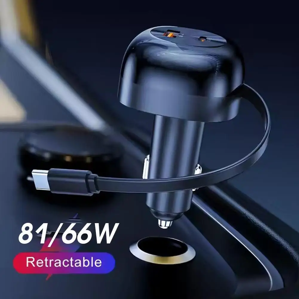 

PD81/66W 3 in 1 USBC Fast Charging Car Charger With Retractable Cable PD QC Adapter For iPhone