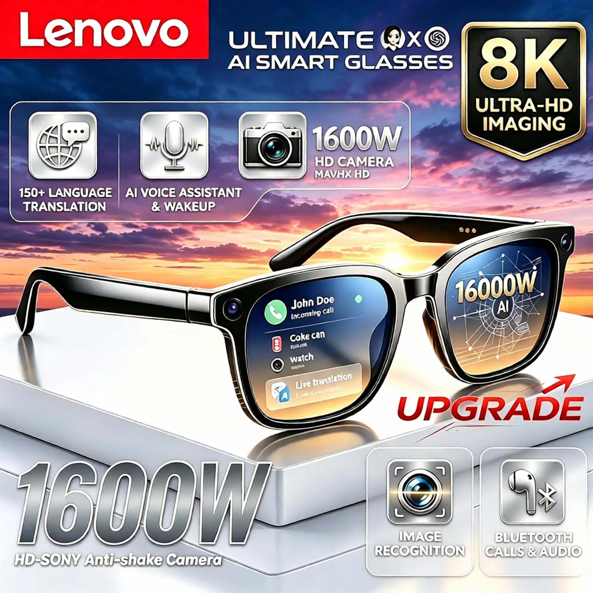 Lenovo 100MP Camera 8K HD Smart Glasses Chat GPT 260mAh Battery Bluetooth Call Voice Assistant Control Smart Glasses for Men