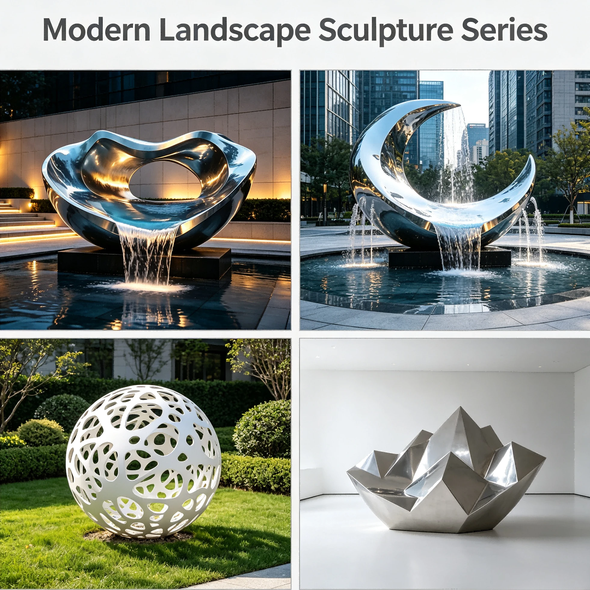 Stainless Steel Special Shaped Curved Cavity Waterfall Sculpture Welded Custom Overflow Water Feature For Hotel Garden Decor