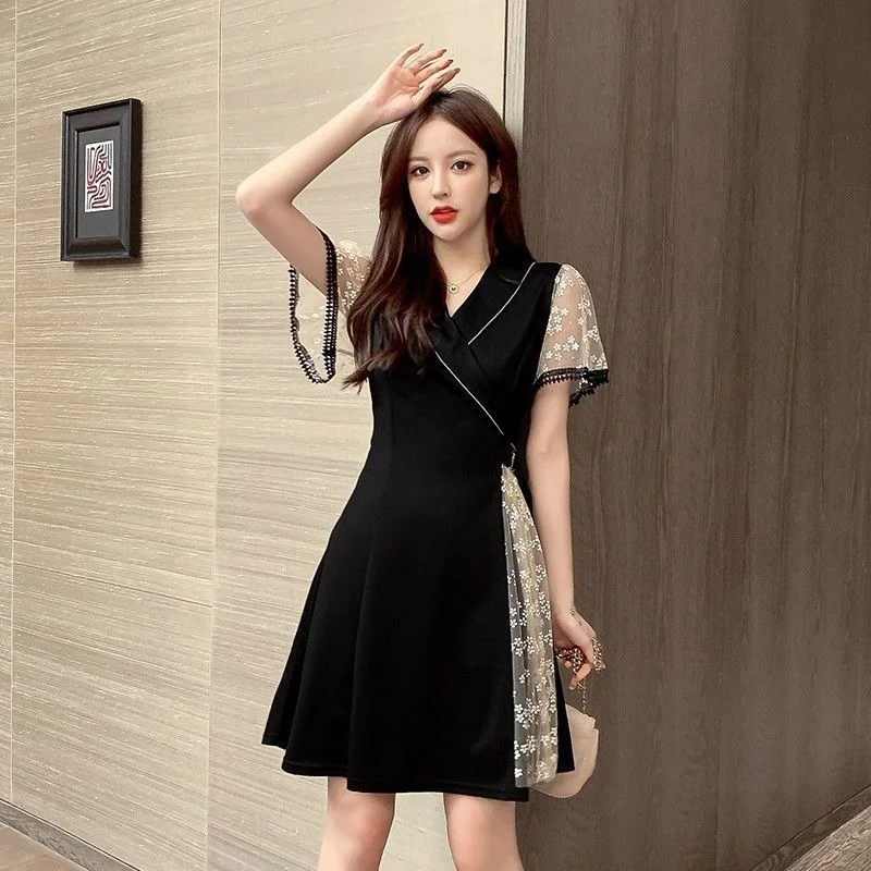 Sukienka w stylu koreańskim, moda lato 2025, tiulowa, luźna, codzienna, jednoczęściowa, damska, nowy trend, vintage, na imprezę, studniówkę, czarna, koronkowa sukienka damska