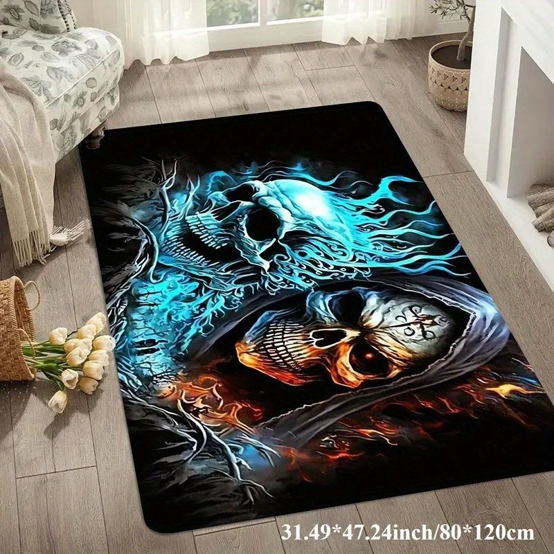 Flannel Printed Dual Skull Rug Blue Fire and Red Flame Design Soft Fleece Floor Mat Living Room Carpet Gothic Art Decor Rugs