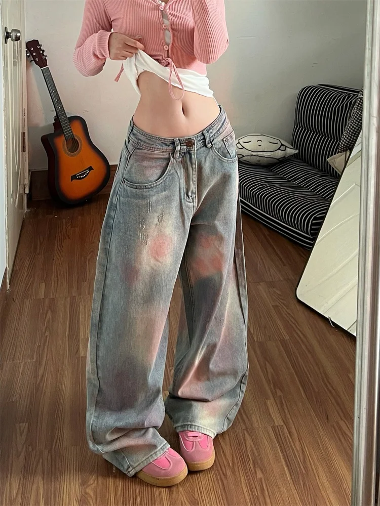 

Dopamine Pink Dyed Wide Leg Denim Jeans Women's Spicy Summer New High Waist Loose Fit Casual High Waist Wide Leg Pants