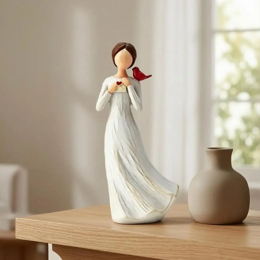 Girl Bird Figurine Matte White Dress Statue Hand Painted Girl Bird Figurine Resin Bird Statue on Shoulder Sympathy Gift for Loss