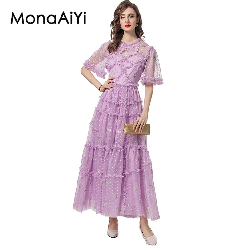 MonaAiYi Spring Summer Women's Flare Sleeve Mesh Embroidery Edible Tree Fungus Edge Striped Bohemian Holiday Dresses