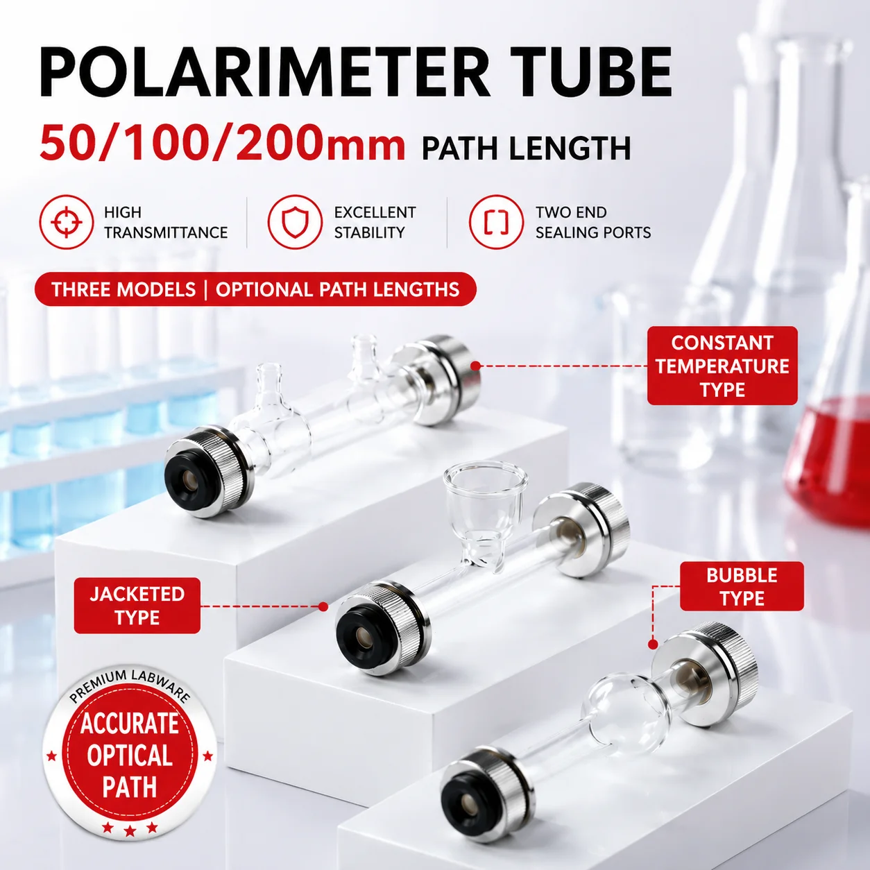 Polarimeter Polarimeter Tube Funnel/Bubble/Thermostatic High Light Transmission Sample Tube Lab Optical Cell Multiple Sizes