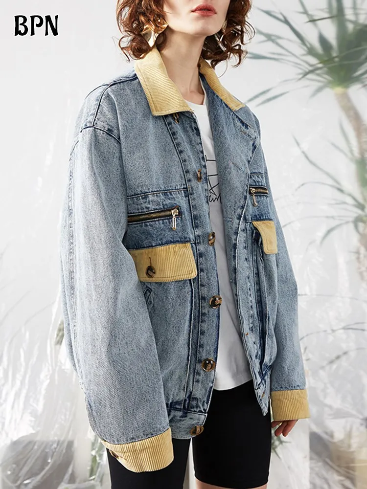 

BPN Streetwear Patchwork Denim Jackets For Women Lapel Long Sleeve Hit Color Spliced Single Breasted Casual Jacket Female New