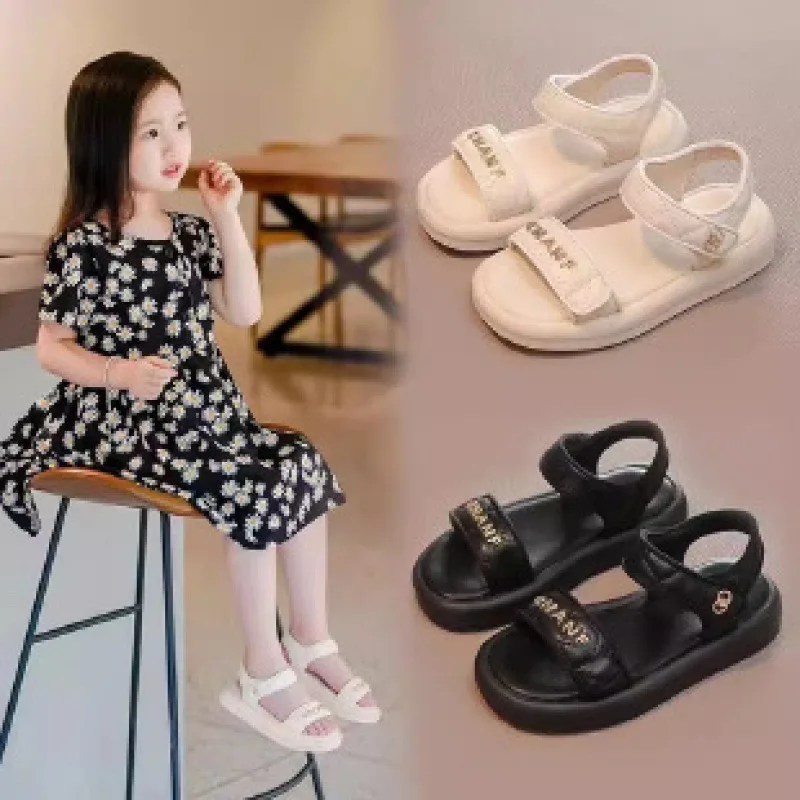 Girls' Sandals 2024 Summer New Net Red Explosive Foreign Letters Zhongda Children's Summer Princess Beach Shoes