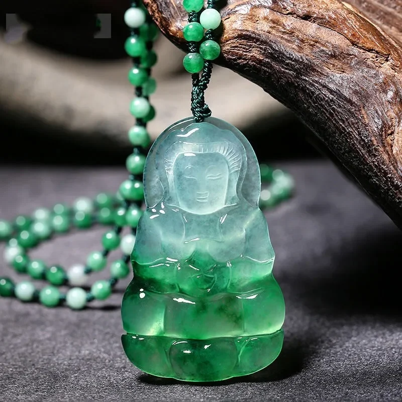 Carved Guanyin Jade Pendant Natural Chinese White Green Jadeite Bodhisattva Necklace Jewellery Fashion Amulet Man Luck Gifts