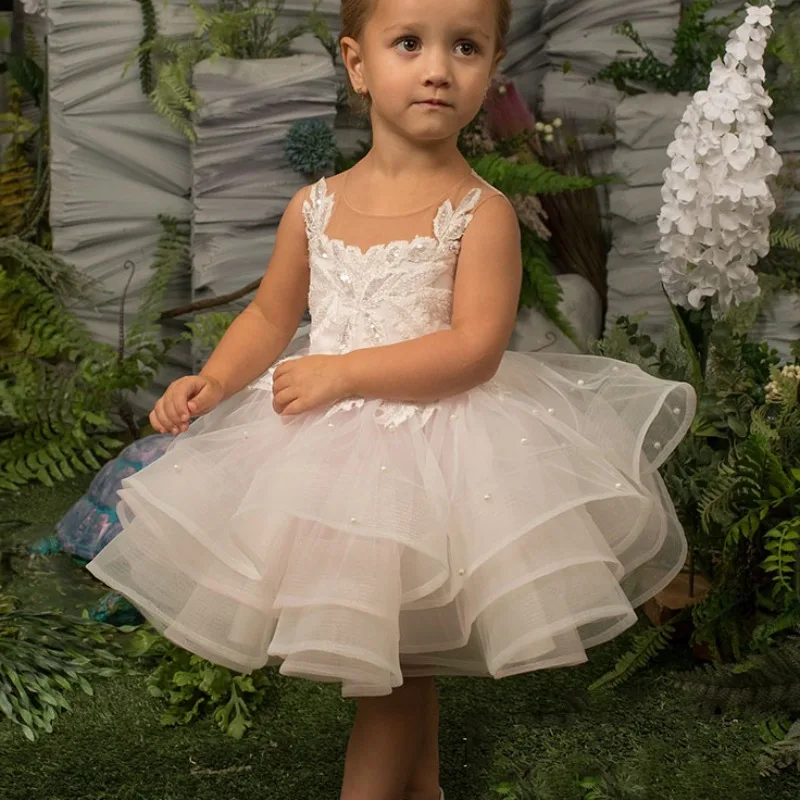 Children Party Ceremony Gowns Flower Girl Dress O Neck Tulle Spaghetti Strap Knee Length for Weddings Communion Dresses