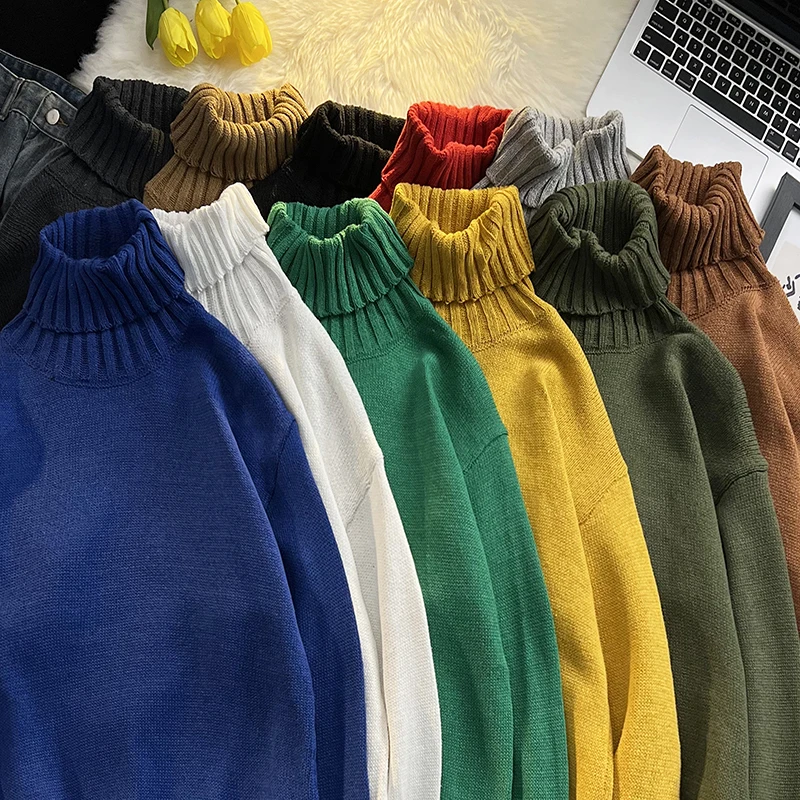 2024 New Autumn Winter Men Turtleneck Sweater Pullover Tops Male Solid Color Loose Jumpers Mens Long Sleeve Knitted Tops P106