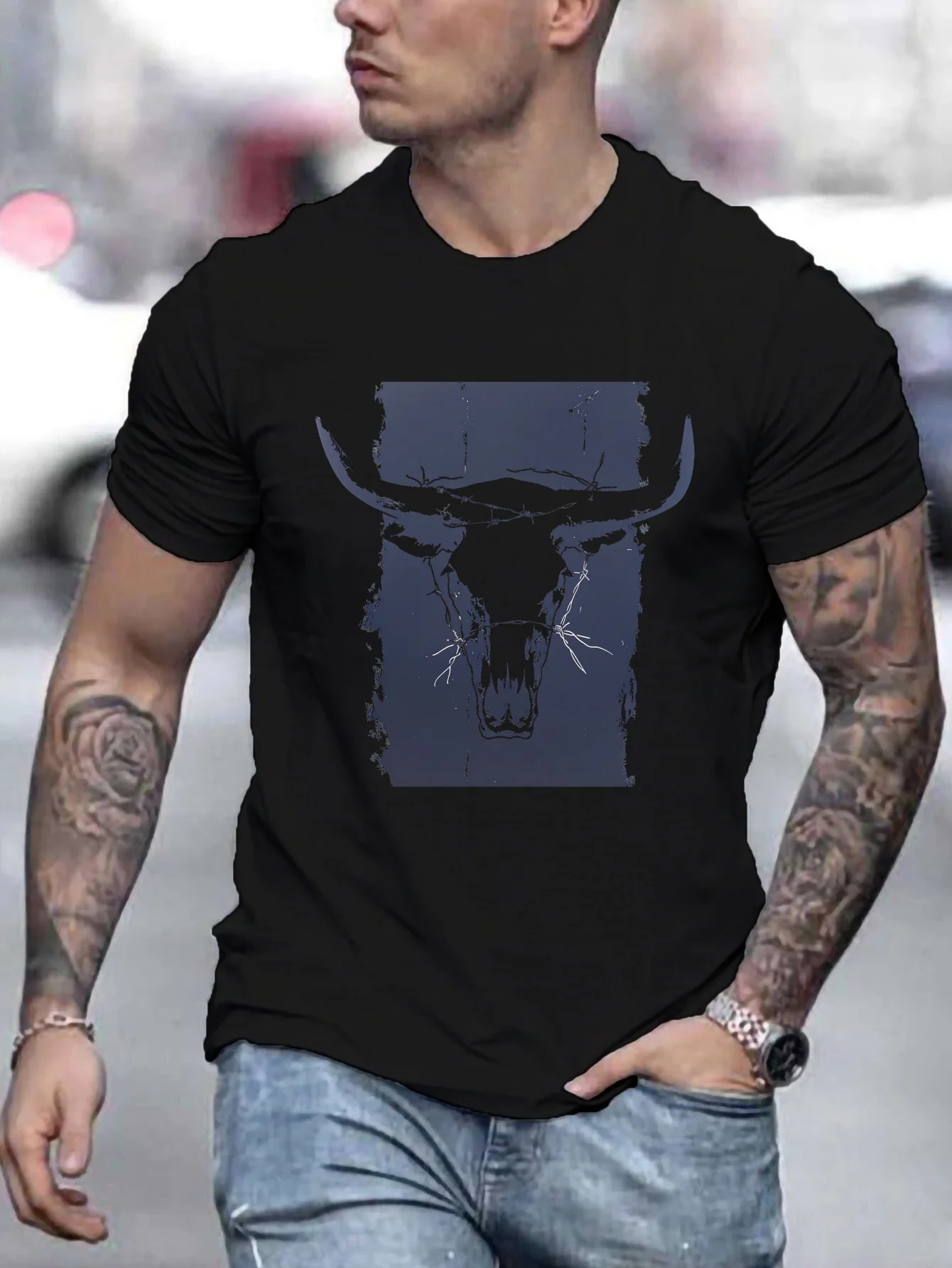 Summer men's 100% pure cotton casual loose plus size Western bull head pattern printed round neck short sleeved T-shirt top image 2