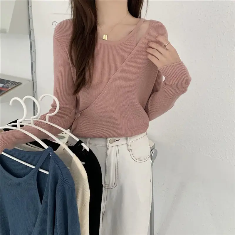 Women Clothes Korean Irregular Solid Color O-neck Sleeveless Pullovers Autumn Office Lady Geometric Knitting Sweater Female Tops