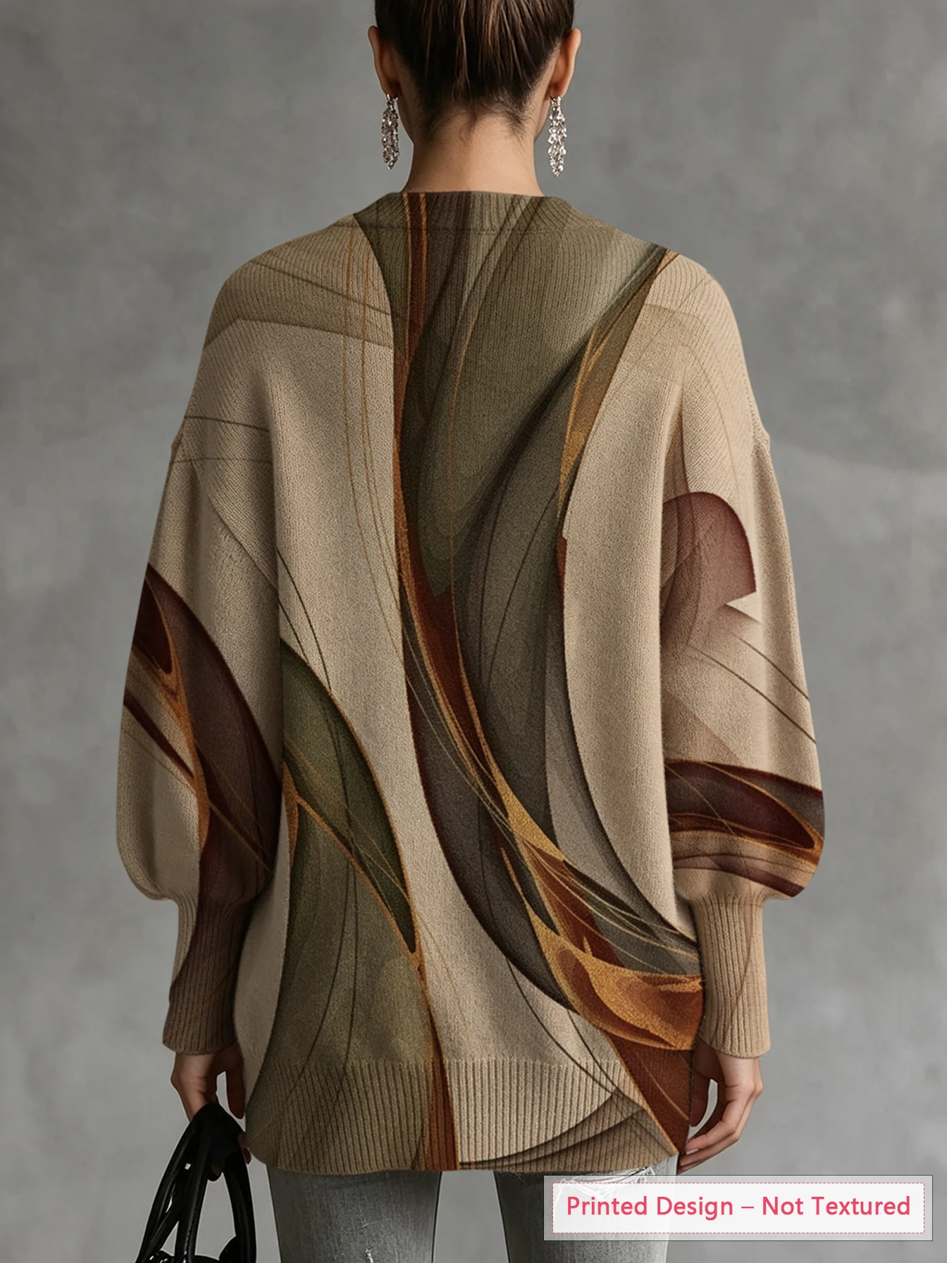Women's Knitted Top, Thin Sweater for Autumn and Winter, Abstract Color-Blocking Print, Diagonal Hem, Lantern Sleeves, Skin-Friendly Fabric