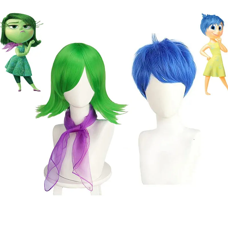 Pelucas verdes cortas de Cosplay de Disgust para mujer, Anime Inside Out, Joy Blue, pelo sintético con estilo para fiesta de Carnaval de Halloween