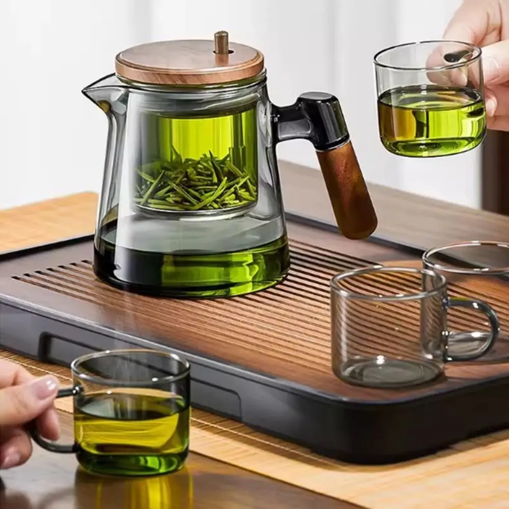 

Creative Tea separation Glass Teapot 650ML Heat Resistant Lazy Kungfu Drip Teapot Press Control with Wooden Handle