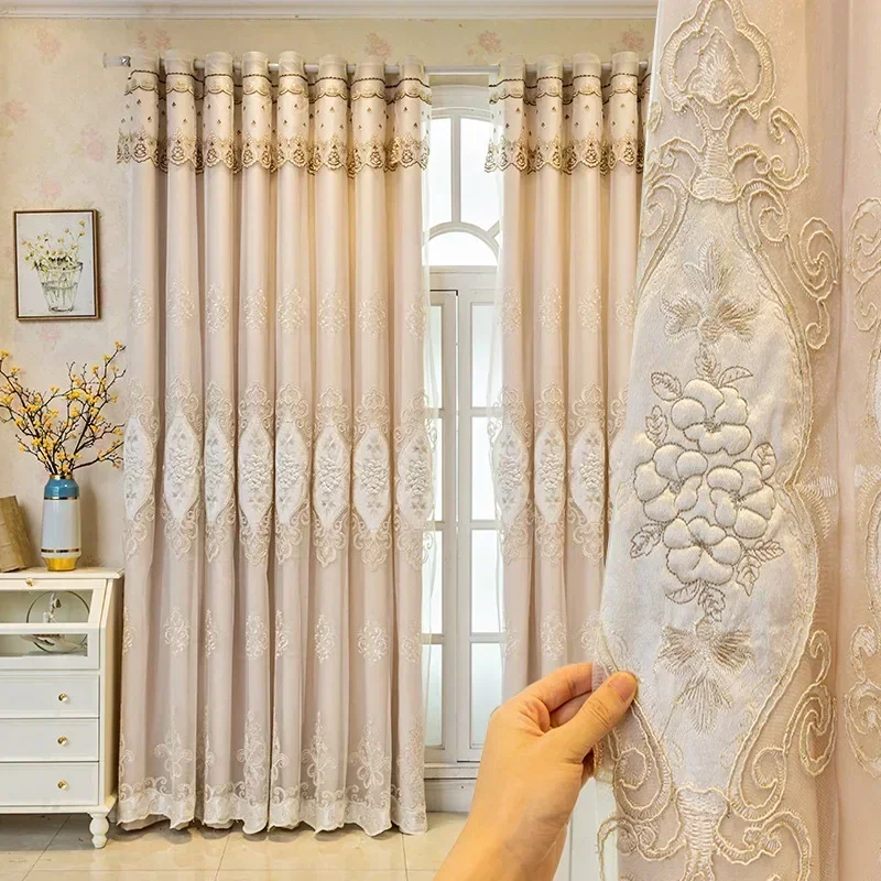 

European Curtains for Living Room Bedroom Simple Modern Embroidered Double-layer Curtains Blackout Fabric Gauze Integrated