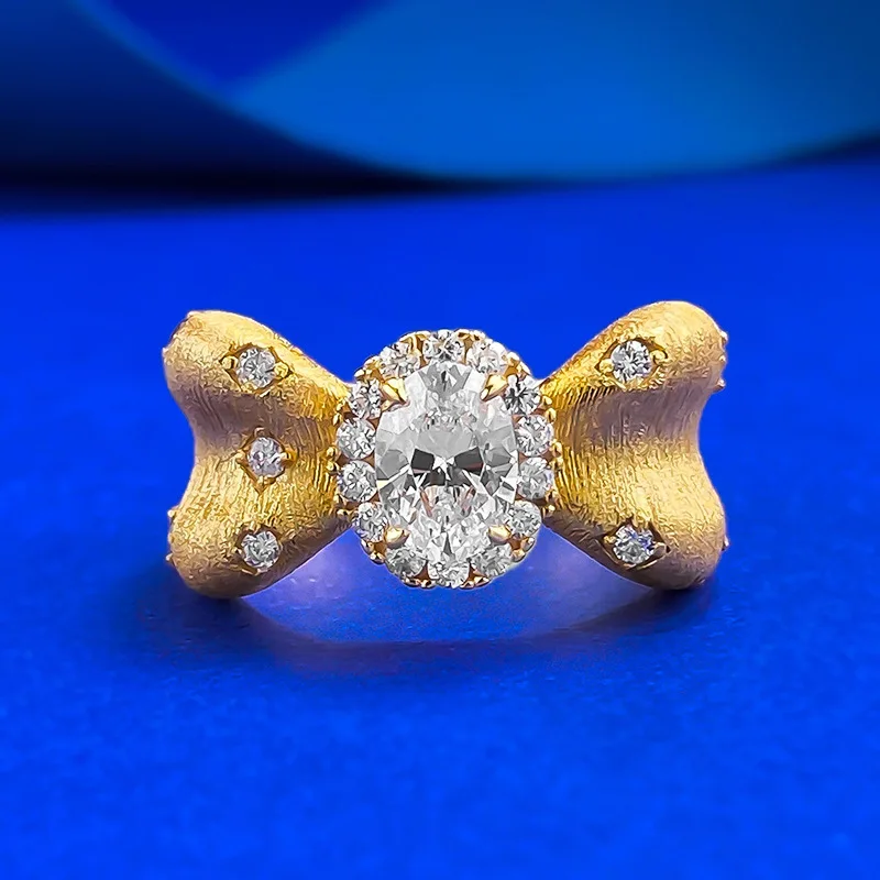 

S925 pure silver jewelry new antique brushed gold 5 * 7 bow micro inlaid ring design princess style