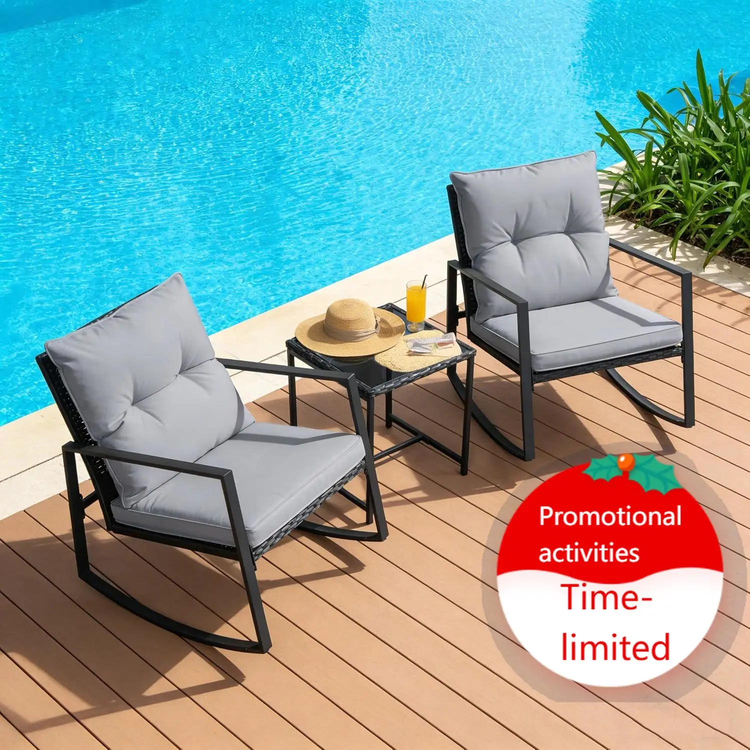 

3 Piece Outdoor Rocking Bistro Set Black Wicker Furniture Porch Chairs Conversation Sets with Glass Coffee Table, Dark Grey