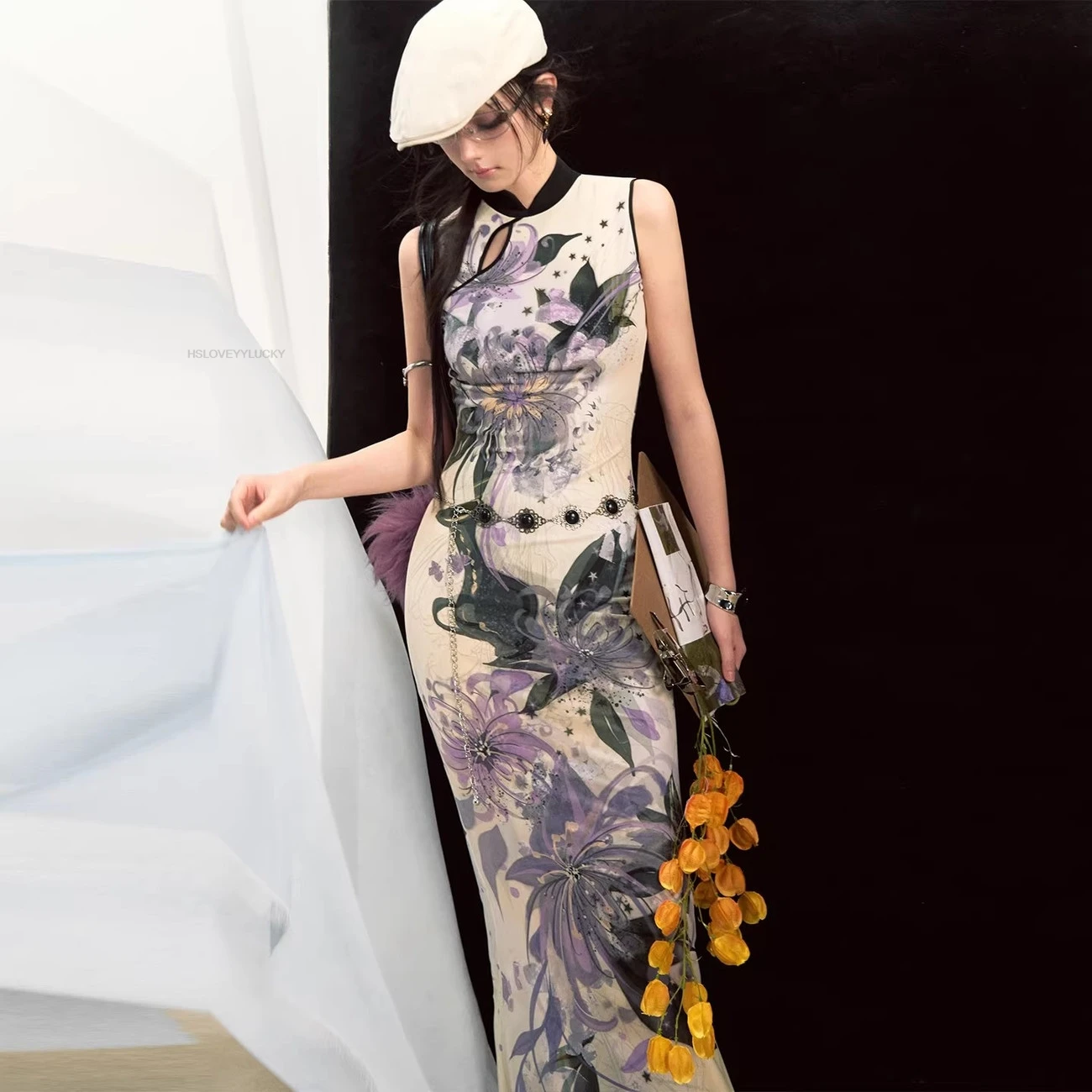 Chinese Qipao Dress Vintage Sleeveless Cheongsam Sexy Improved Mermaid Long Dress Female Vestidos Evening Slim Party Dress