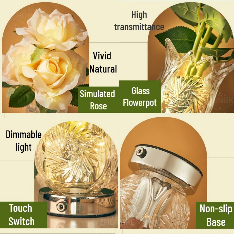 Desk Decoration Led Rose Night Light Rechargeable Crystal Flowerpot Lamp Touch Dimming Bouquet Home DecorationTable Lamp Gift