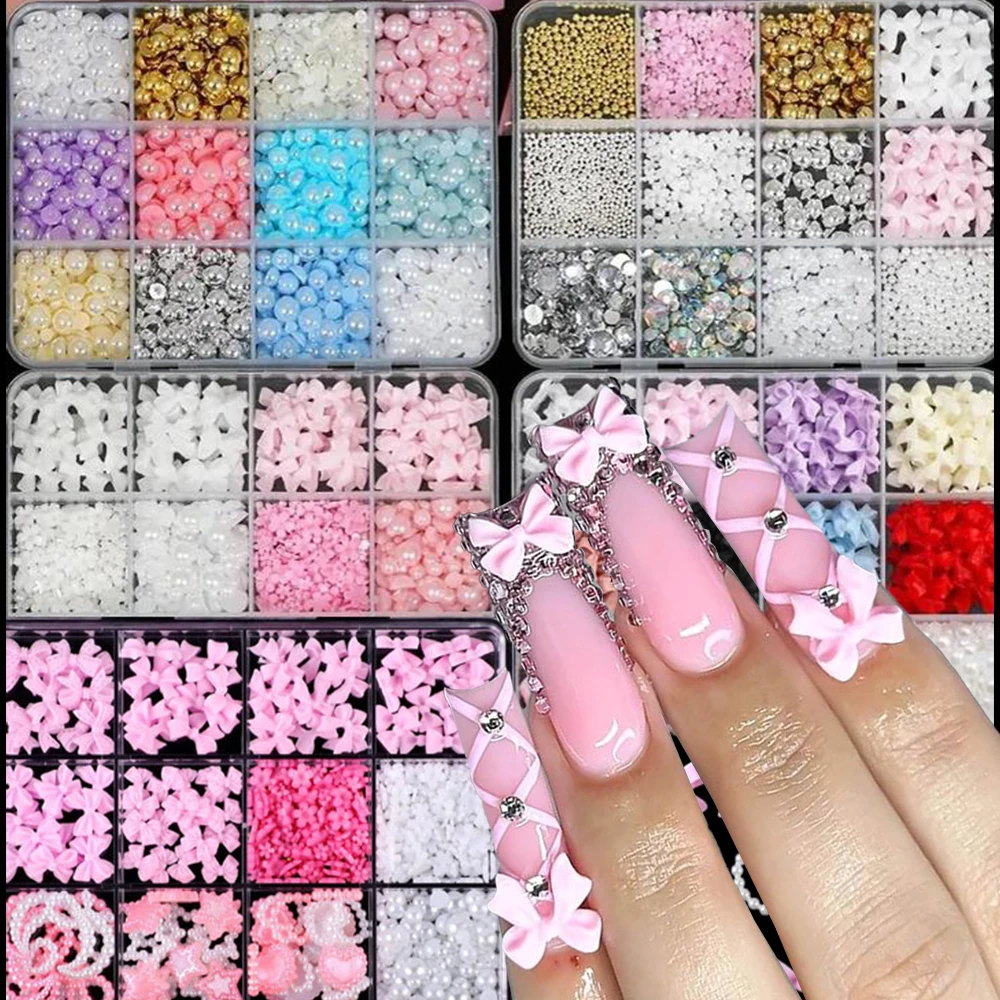 12 griglie 3D caramelle colorate perle nail art charms metà tondo perlescente rosa/bianco/blu perle miste gioielli per unghie Kawaii nail dicembre