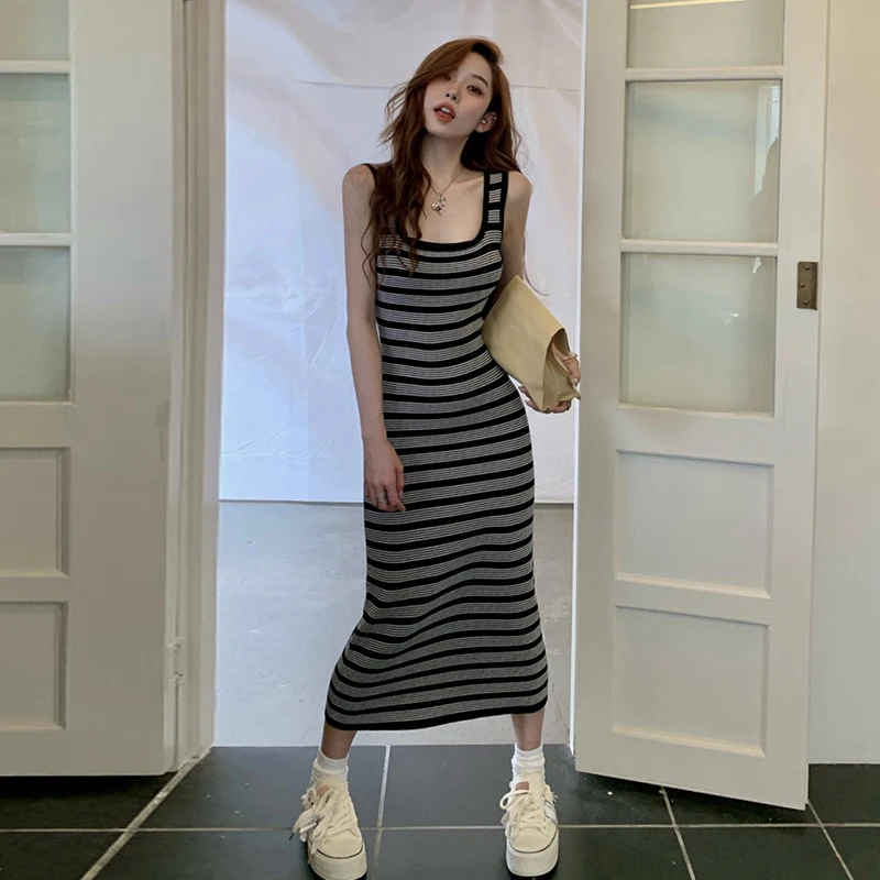 Women Retro Stripe Knitted Dress Sleeveless Slim Dresses Bodycon Korean Dresss