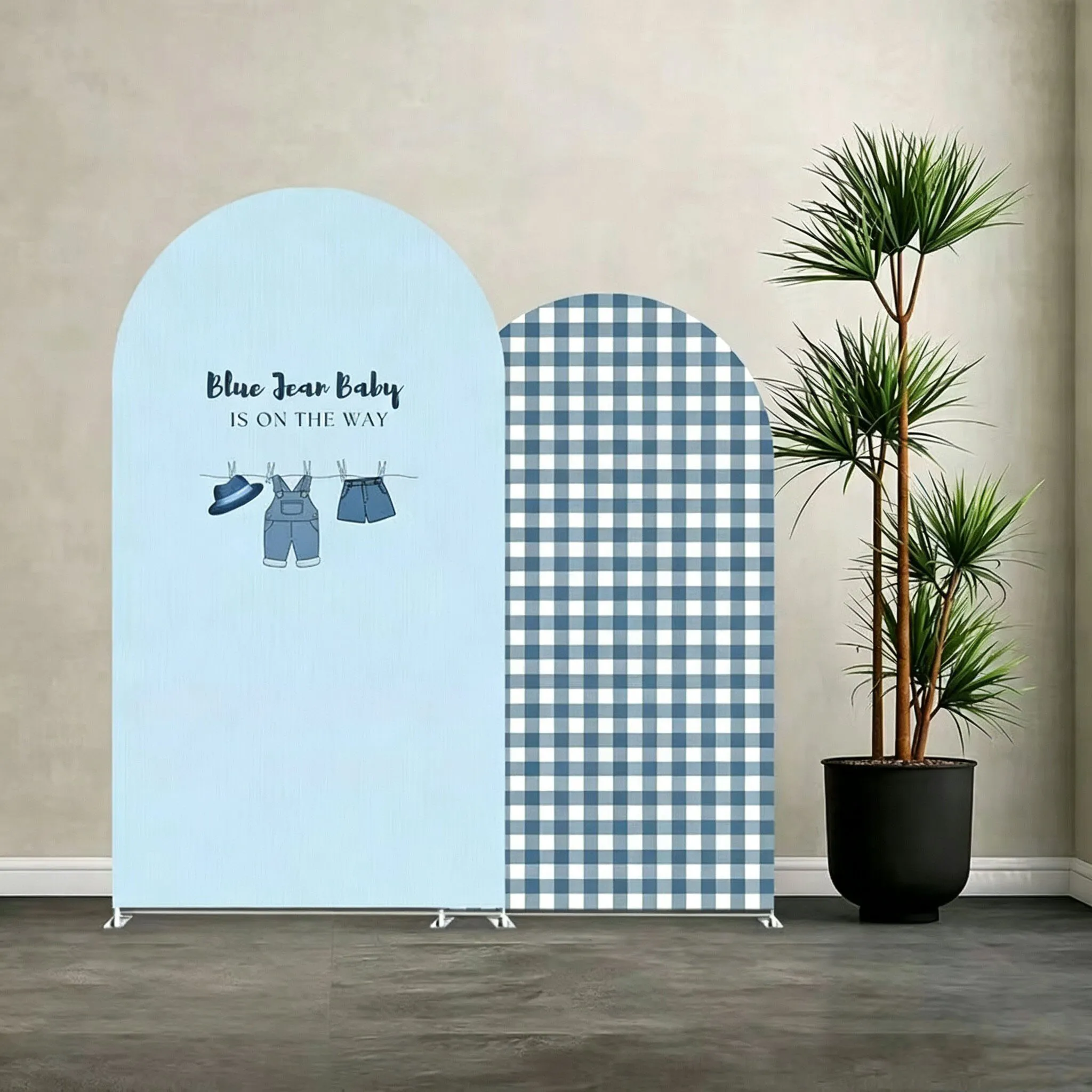 Custom 2-Side Blue Jean Baby Shower Arch Backdrop Cover Blue Square Rodeo Diy Name Age Birthday Party Decor Backdrop Photo