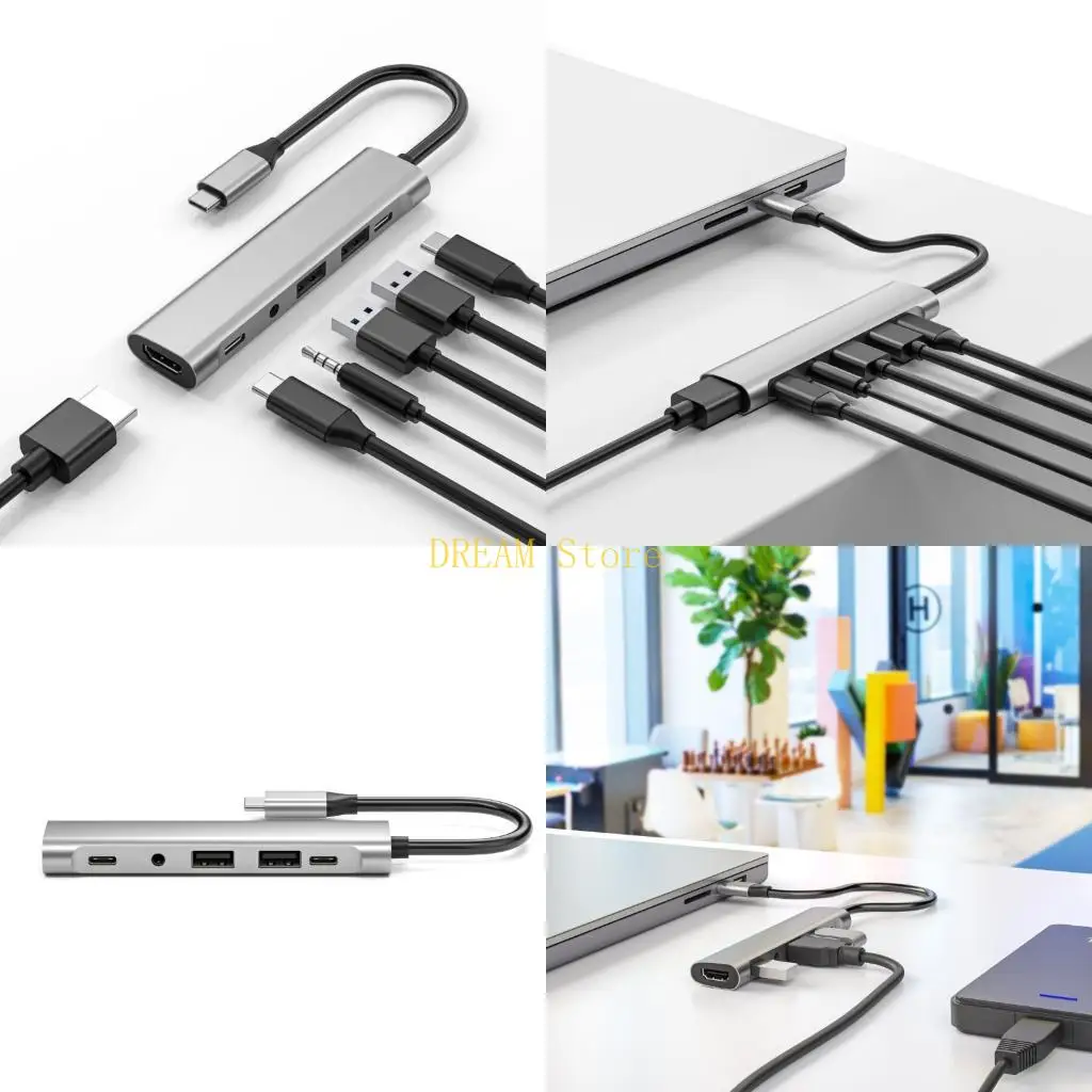 USB C Adapter 6 in 1 Multifunction HDTV 3.5mm PD60W 2xUSB2.0 Data Transfer Adapter best sale