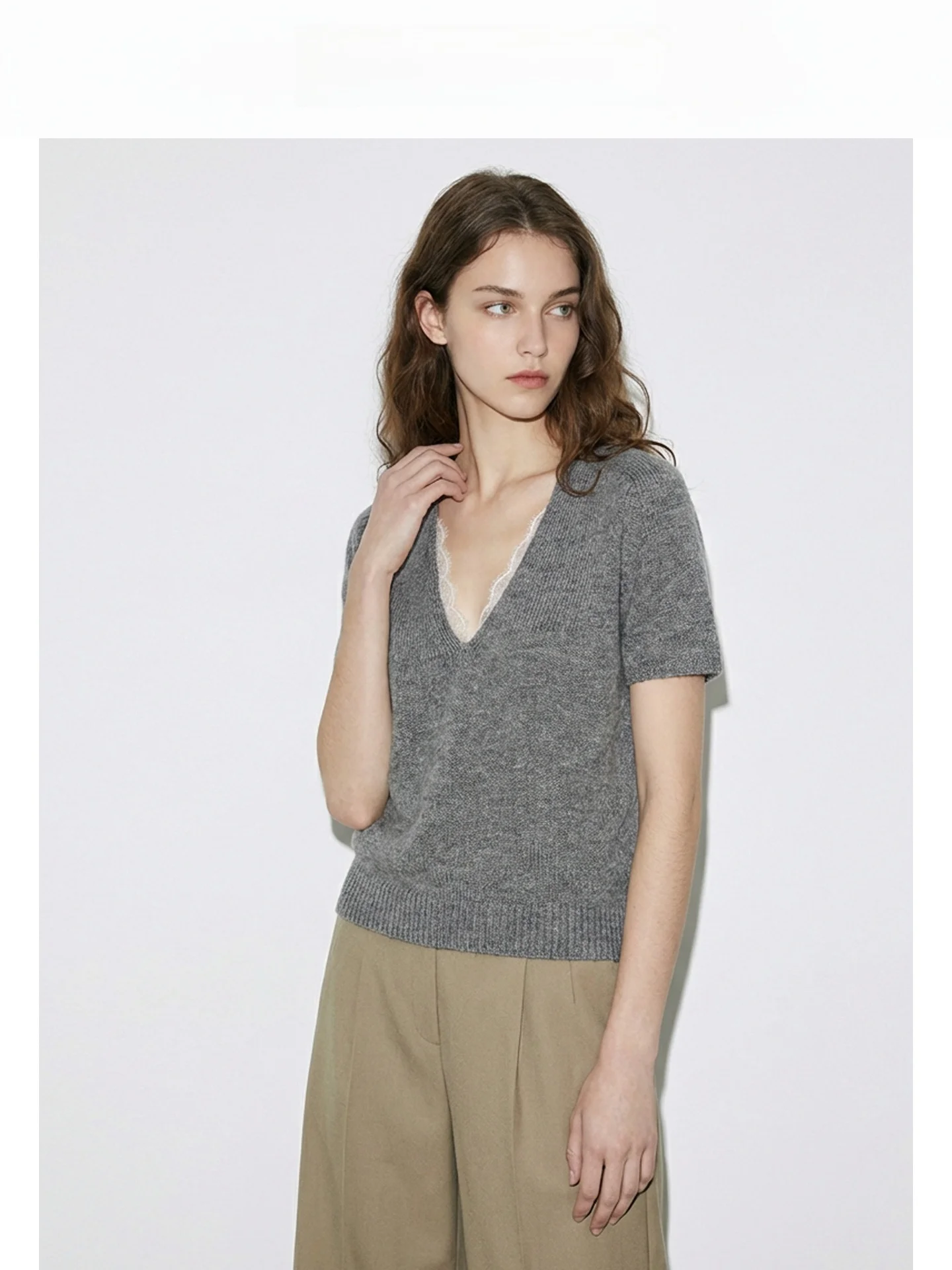 

Pure Wool V-ne ort Sve Knitted Sweater Women's Lace Patchwork Slimming Top French Sle Loose Fit Soft Woolen Knitwear