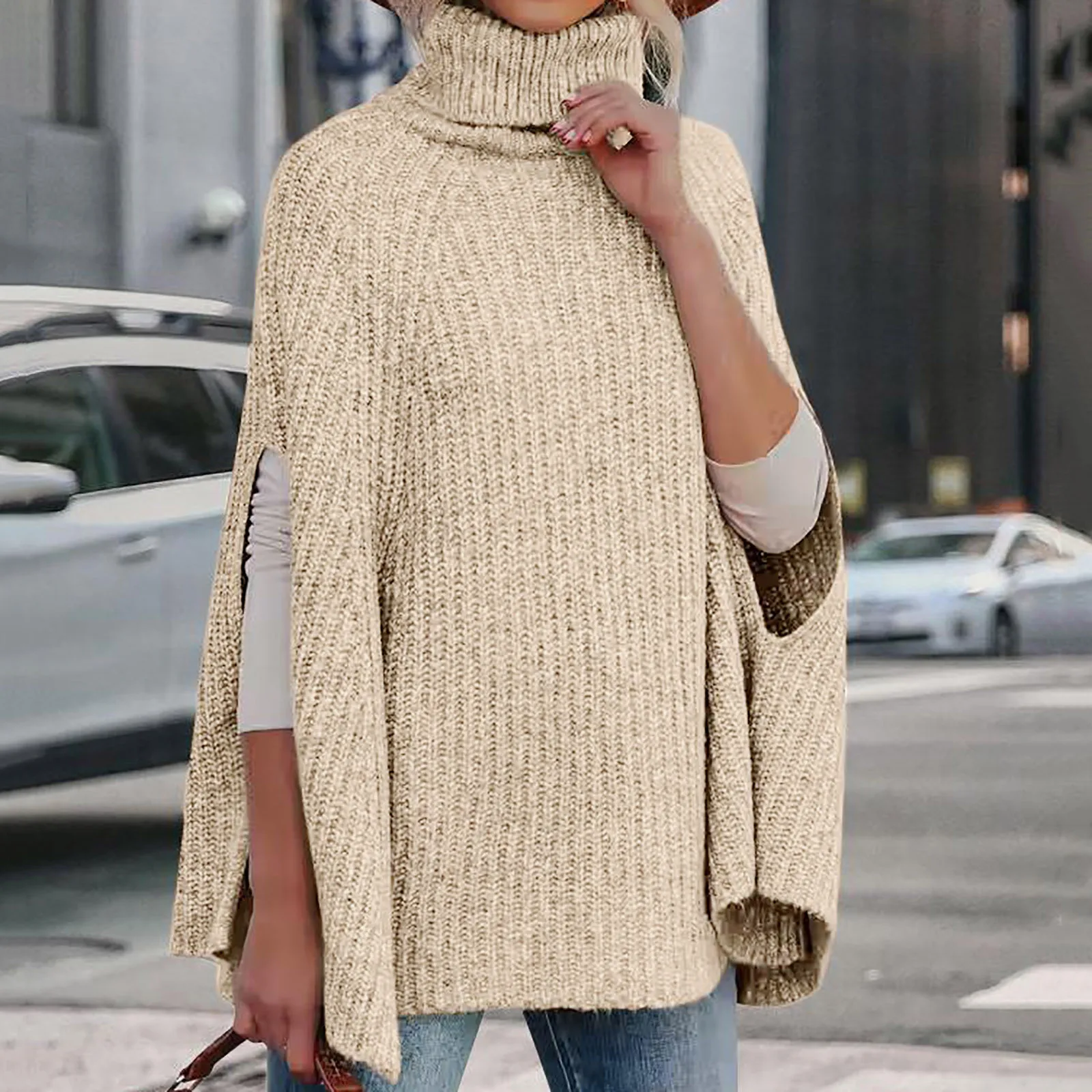 Autumn Winter Turtleneck Poncho Sweater Women Fashion Chunky Knit Cape Wrap Sweaters Pullover Female Jumper Tops Sweater Shirts