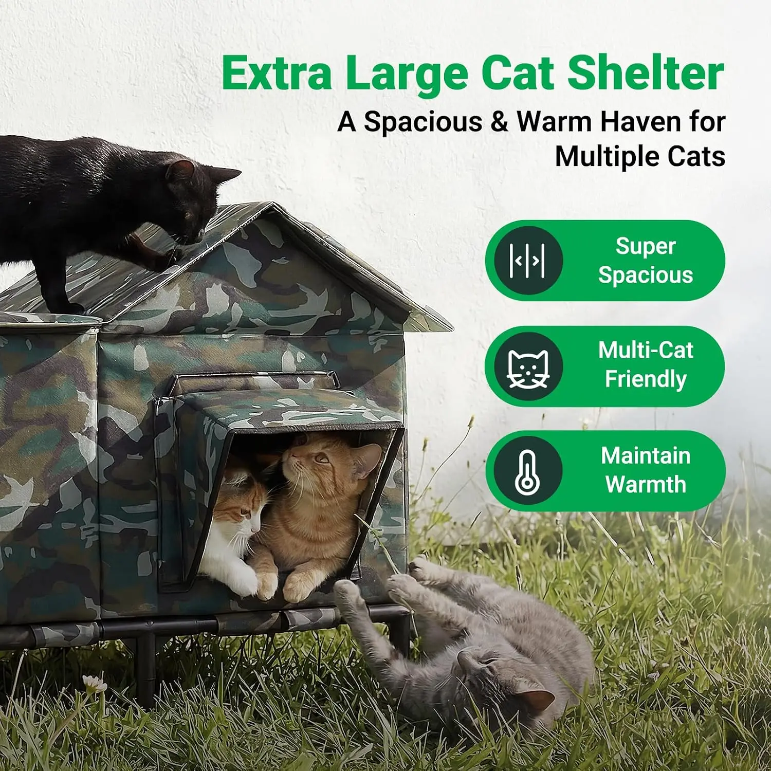 Outdoor Cat House Weatherproof with Ice Pack Cooling Pocket, Insulated & Waterproof Feral Cat Shelter, Foldable Pet House with Elevated Base, Windproof for Winter & Summer