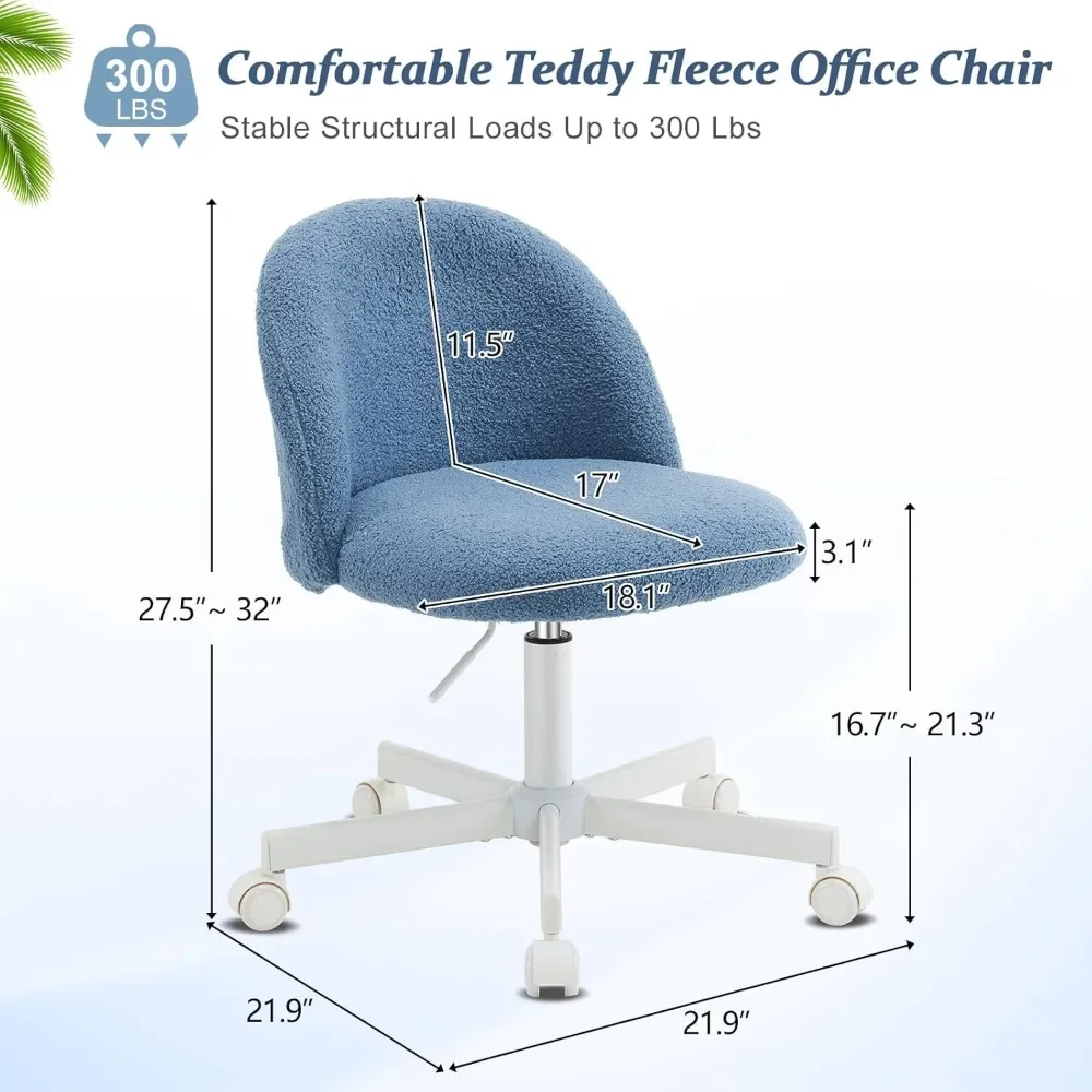 Candy Chair Armless Cute Comfy Small Office Chair with Wheels,Vanity Chair with Lumbar Support,Teddy Adjustable Rolling Swivel