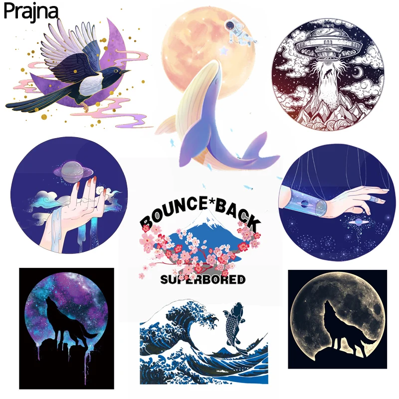 Waves Space Heat Transfer Landscape Painting Iron On Transfer DIY Ironing Thermal Stickers Patches For Clothing T Shirt Applique