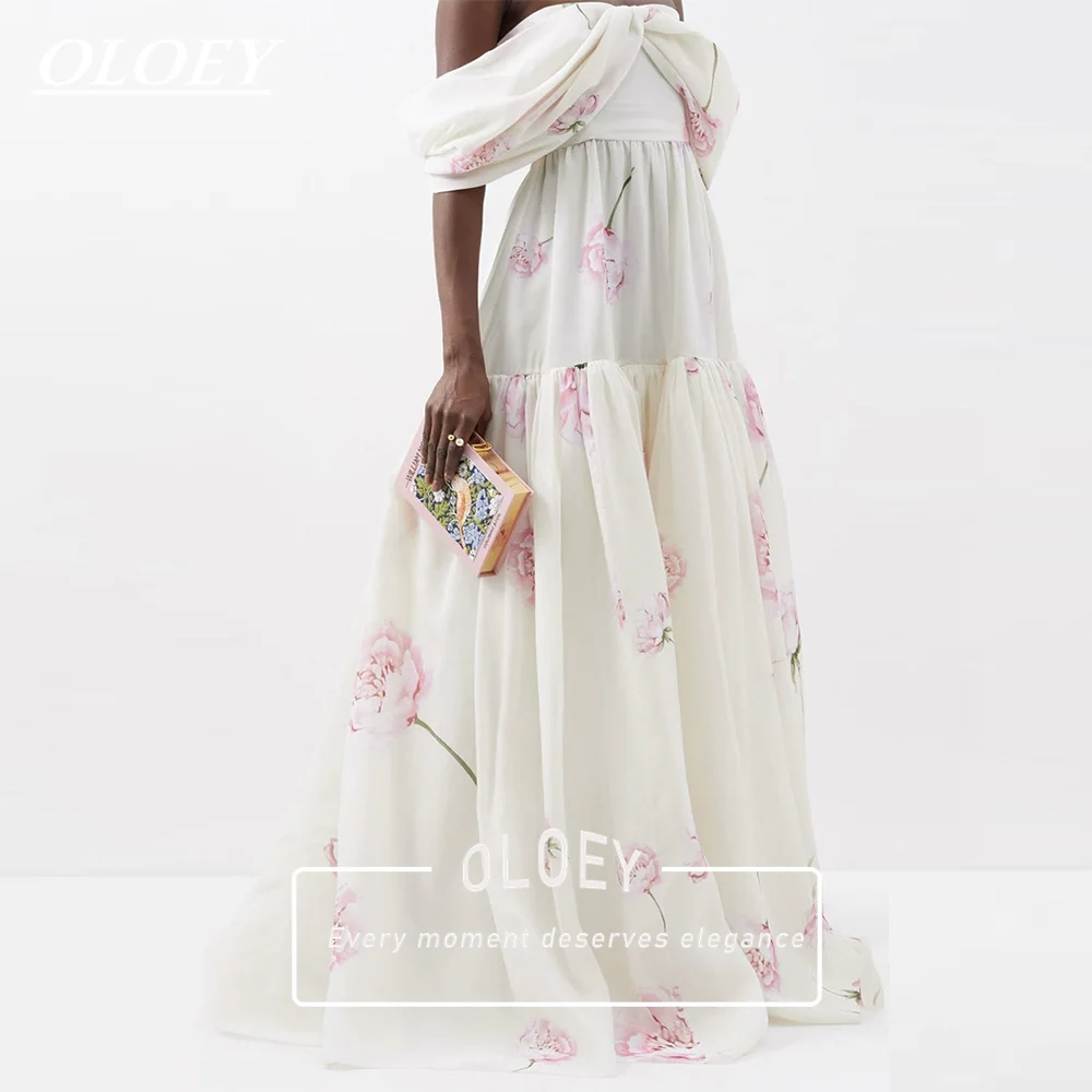 OLOEY Elegant Cream Pink Floral Print Chiffon Wedding Dress Off The Shoulder Short Sleeves Floor Length Bridal Gown Customized