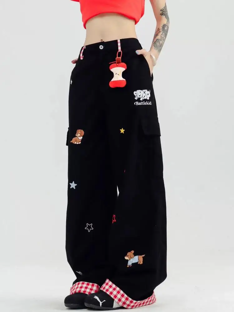 Amerikaanse dames cartoon hond print cargobroek zomer high street vintage losse casual hoge taille rechte pijpen gestapelde broek