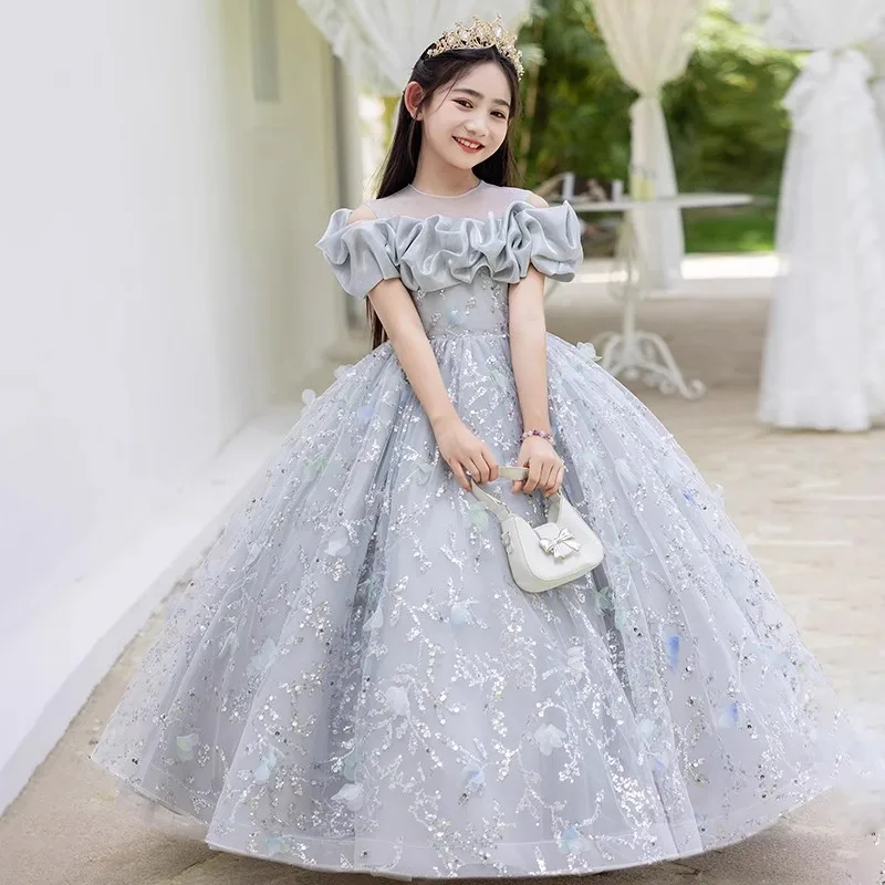 Girls' Dress High-End Light Luxury Niche Birthday Gorgeous Flower Girl Wedding Dress Princess Dress Children's Piano Performance