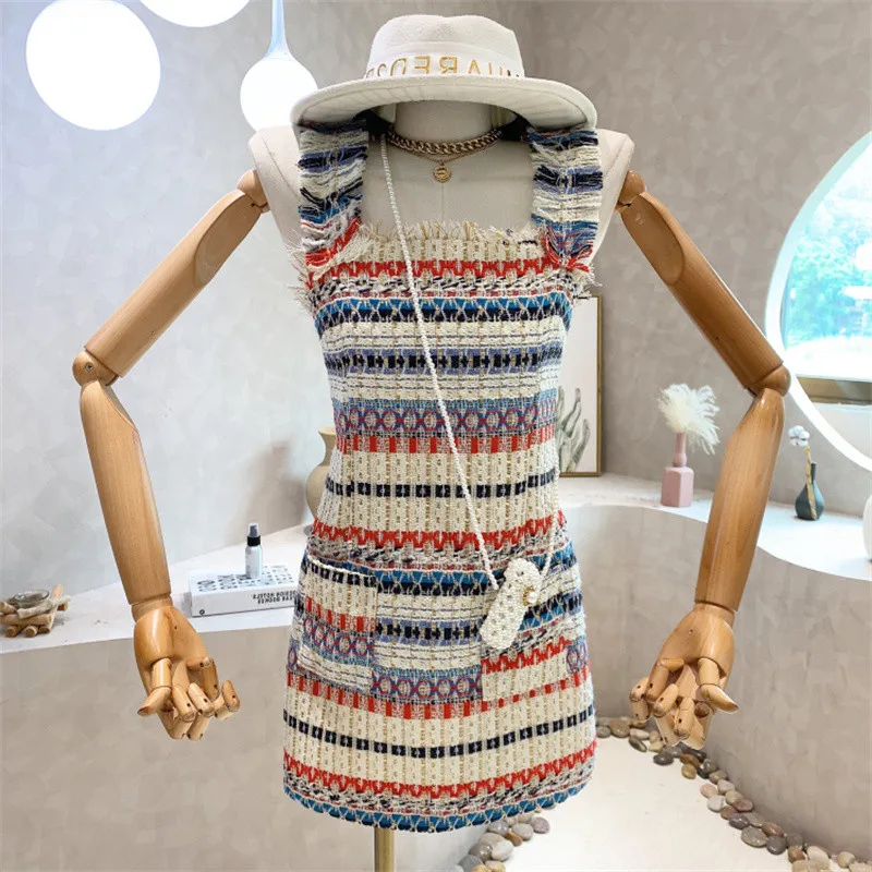 2022 Summer Casual Sling Tweed Mini Dress For Women Summer Sexy Sleeveless Backless Stripe Strap Party Dress Elegant Vestidos