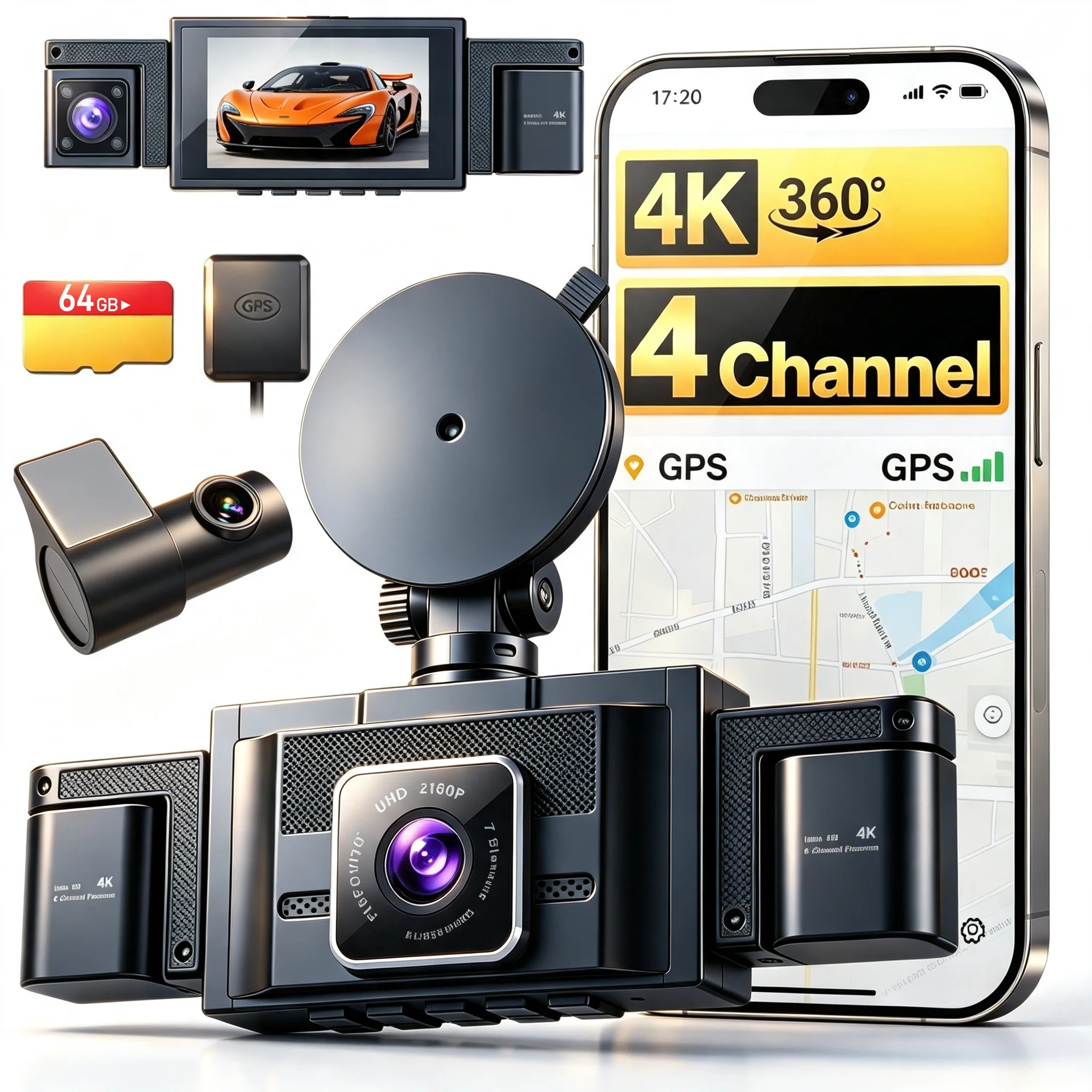 4 Channel Dashcam 360° View Dash Cam Front and Rear Inside 4K+1080P+1080P,+1080P, Dash Camera for Cars, 8 IR Lamps Night Vision, 5G WiFi & APP Control, GPS, G-Sensor, Parking Mode