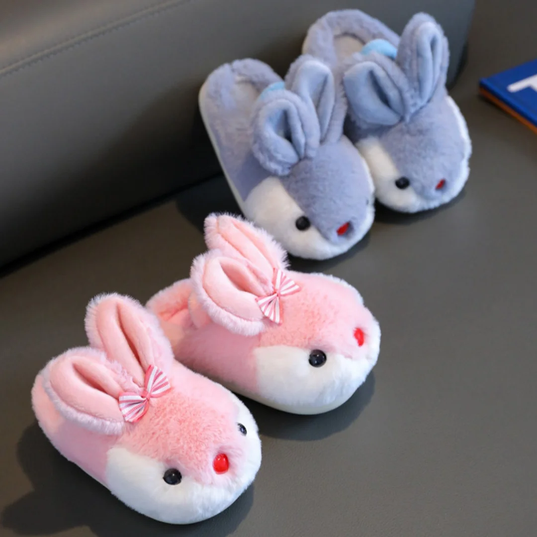 Winter Kids Home Slippers Plush Cartoon Rabbit Thick Lined Anti Slip Children's Shoe Cute Style Soft Shoes for Boys Girls