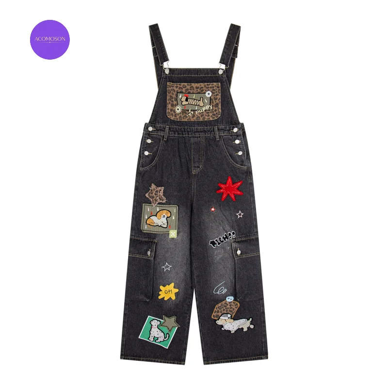 Macacão jeans com estampa de leopardo, patchwork, bordado de cachorro, lavagem desgastada, estilo retrô e divertido, da ACOMOSON, para homens e mulher