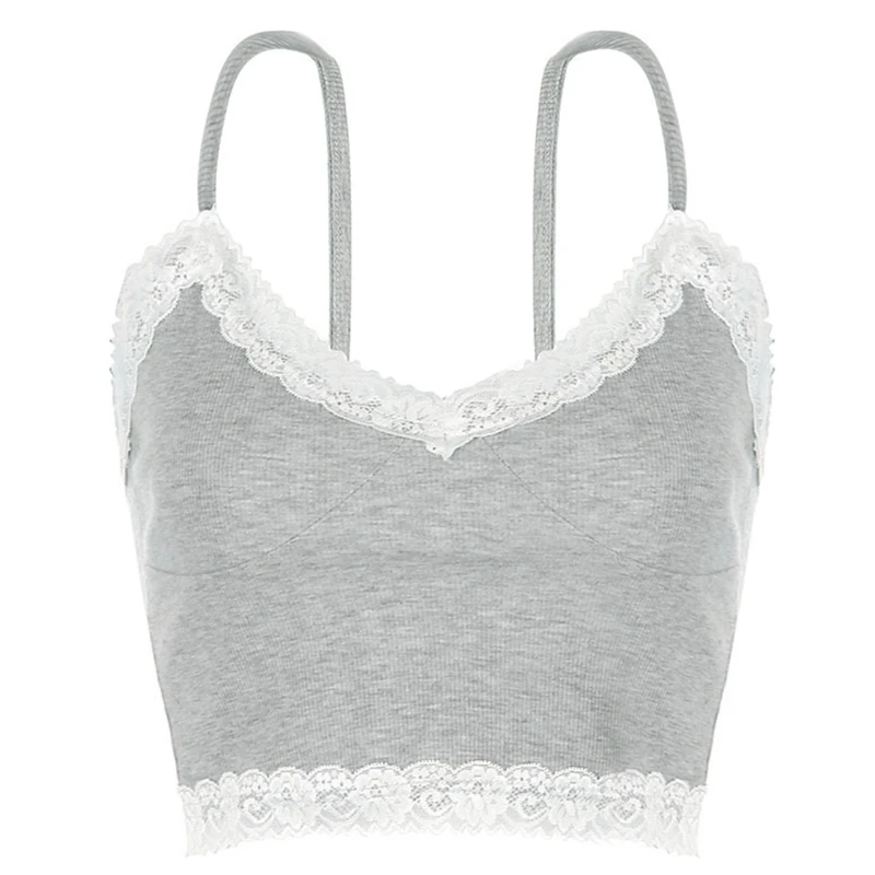 Women Summer V-Neck Crop Top Sexy Backless Floral Lace Trim Ribbed Camisole Solid Color Gray Sling Dropship