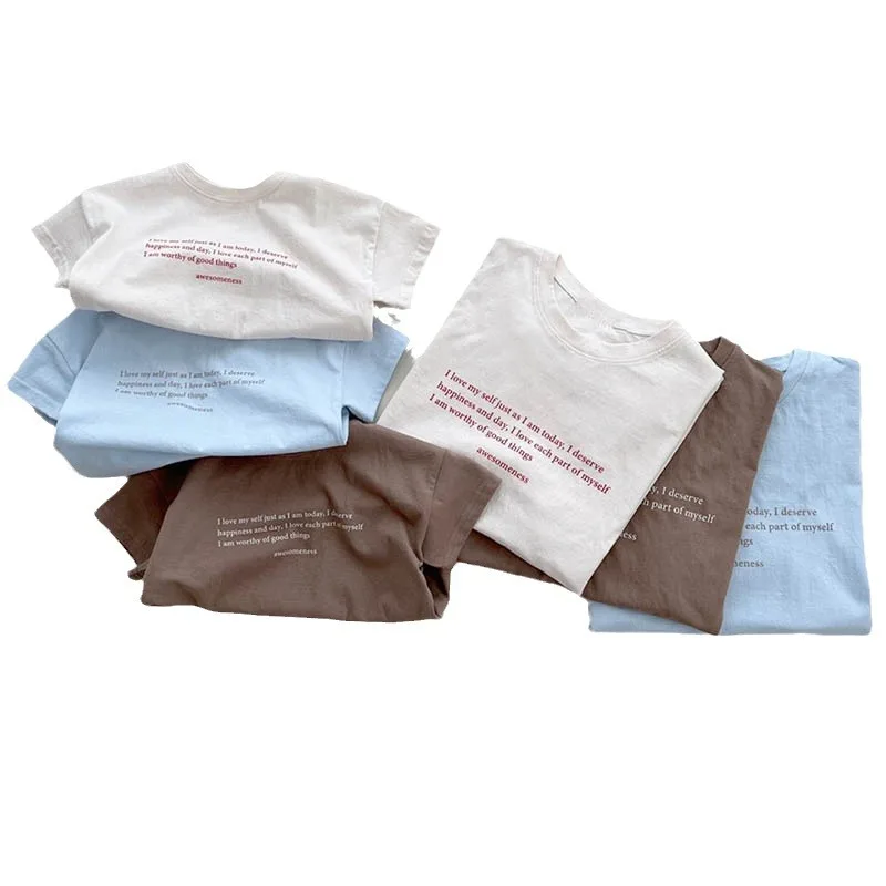 2025 Summer New Children Short Sleeve T Shirts Letter Print Boys Girls Casual Tees Cotton Baby Loose Versatile Tops Kids Clothes