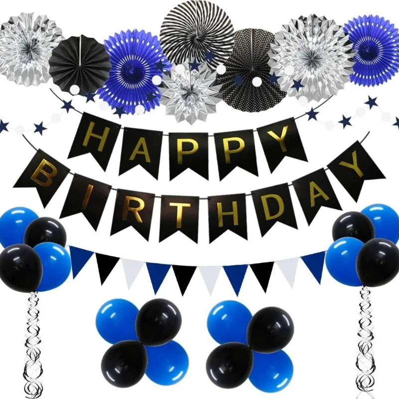 

Navy Blue Silver Black Birthday Party Decorations Happy Birthday Banner Balloons Triangular Pennants Paper Fans Dot Star Garland